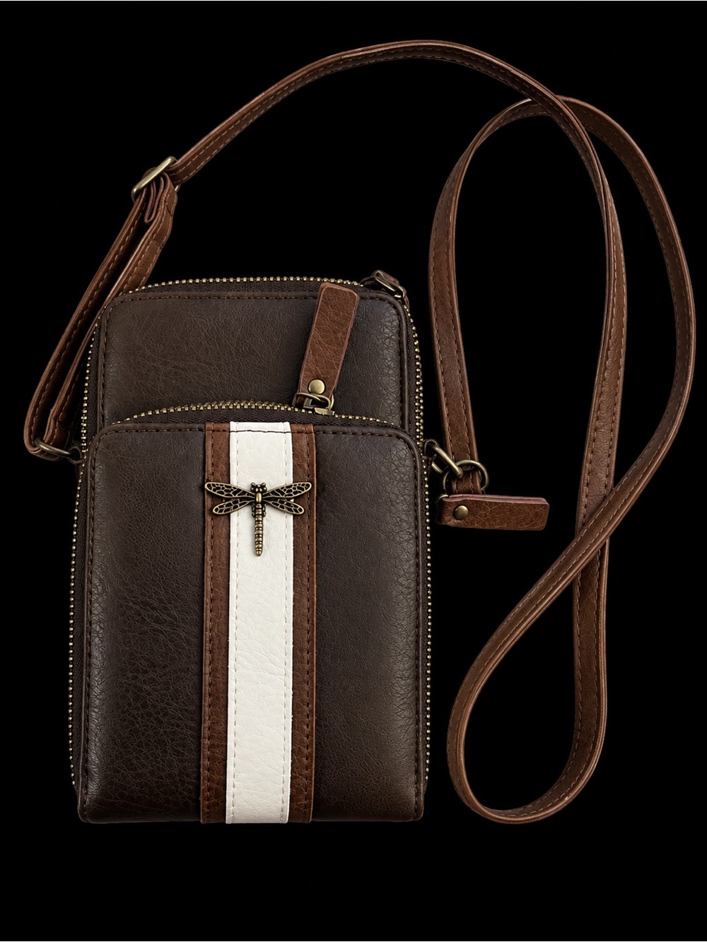 Brown Crossbody Phone Bag with White Stripe and Dragonfly Accent
